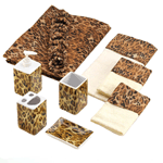 Turn your bathroom into a safari of style with this attractive leopard print bathroom ensemble. The chic print makes every piece of this set wildly appealing! Set includes: shower curtain, 12 curtain rings, 3 hand towels, , lotion pump, soap dish, toothbrush holder, and tumbler. 