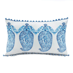 This is the perfect accent for almost any couch or bed. The white fabric of this elongated pillow features an oversized blue paisley pattern framed by fantastically chic ball tassels.