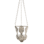 Create an elegant ambiance instantly when you place a candle inside this gorgeous and ornate hanging holder. Delicate silver filigree ornaments grace a beautiful glass candle cup that's rimmed with silver and hangs from three chains.