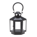 This compact candle lantern packs a lot of personality! Six clear glass panels are set in a black metal frame that's topped with an oversized hanging loop. Set the stage for pure candlelight to light your way.