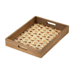 Give a hoot about great design and good-looking décor with this charming wooden tray. The interior is lined with a hip retro-style pattern that features owls perched is budding branches in colors that will complement any décor.