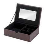 A true style statement, this faux leather jewelry box is finished in a rich chestnut color with a woven appearance. This rectangular keepsake box will add an air of high fashion to your vanity or dresser. Simply lift the lid to store your prized jewelry or other important treasures.