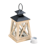 This wooden candle lantern is the definition of classic country charm. White “X” trim highlights the clear glass panels of this four-sided lantern, and the black roof features a hanging loop. Place the candle of your choice inside and enjoy the glow!