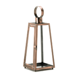 This coppery and contemporary candle lantern will draw admirers even when its not glowing with candlelight. The metal frame features a gleaming coppery finish with a dramatic hanging loop at top, and the clear glass panels let your favorite candle shine through. 