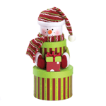 Give your family the gift of smiles this holiday season with this cheery snowman tiered box decor. Two green and red striped boxes make up his body, and they’re topped with his snowy-white face and rosy cheeks. He’s dressed for winter weather with his striped hat and scarf and red mittens, and he’s delivering a special gift topped with a red ribbon. This snowman is the perfect accent for your festive holiday decorating.