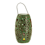 No flame required to light up this gorgeous ceramic lantern! The intricate design of this green-glazed lantern comes to life with the flip of a switch, thanks to the interior LED light bulb that flickers and glows like a real candle. Hang it from the metal handle or set it on its base to enjoy it indoors or outside. 