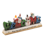 Welcome guests and holiday cheer into your home with this festive tabletop accessory. Three happy snowmen climb on the word “Welcome” set on a base decorated with warm holiday wishes. An LED-lighted flame on top of the “L” glows when switched on.