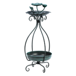 Let your outdoor living space bloom with nature! On top, the bird feeder features a flower-shaped basin sprouting with flower buds and is held aloft by scrolling green metal stems. Below sits a basin ready to hold a pretty pot of flowers.