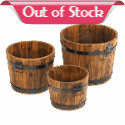 This trio of planters have look of aged old barrels, complete with black metal banding and handles for ease of relocating around your yard as the mood or sun strikes. Each planter has a different size to allow you to make these the charming homes for a variety of plants.