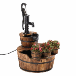 This vintage-inspired fountain and planter trio is an ode to simpler times. The soothing sound of cascading water falls from the well pump into wooden barrels, and when you add a splash of greenery in the front-mounted planter trio, you'll have a peaceful oasis of a bygone era in your yard. Fir wood and iron. 