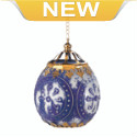 Like a treasure from long ago, this beautiful round hanging Moroccan candle lamp will fill your living space with exotic shimmer. Gold metal detailing and hanging chain are the perfect compliment to the worn blue and white finish.