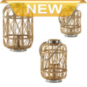 Candlelight never looked so naturally beautiful! This stunning large woven rattan lantern features an interior platform topped with a clear hurricane glass to keep the flame of your favorite candle shining brightly. Topped with metal banding and a rope handle.