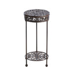 Lovely flourishes set in cast iron will display your favorite potted plant in style. The round top is held aloft by slender legs, and a complementary shelf sits below.