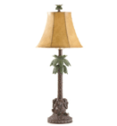 The rich mahogany trunk of a tropical palm holds a stretched animal skin pattern lampshade aloft as three lazy monkeys sit, see, speak or hear no evil at its base.