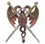 No castle is complete without a noble knightly crest! Two proud dragons, locked in battle, intertwine to form a curvy backdrop for two shining gold-hilted removable swords. Hang this prize with pride upon your door or wall!