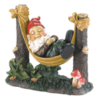 After a long day's labor tending the garden, a rosy-cheeked gnome settles into his favorite hammock to enjoy a well-earned rest.