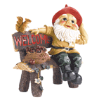 An apple-cheeked forest gnome perches perkily on his hand-hewn bench, grinning a greeting to one and all. He's even brought along a furry-tailed pal to help with his duties as host!