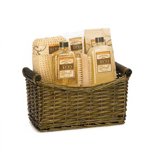 Take a mini vacation in your own tub with the relaxing aroma and luxurious accessories included in this at-home spa kit. The warm scent of vanilla and ginger are perfectly blended in the cream bath, bath crystals, body lotion, and shower gel, and the handy basket also stores a buff brush and woven sponge.