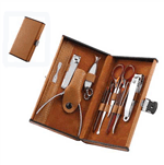 Leather-look travel case elegantly tucks ten personal care essentials into a pocket-sized package! Ideal for busy travelers, executives or anyone who knows the value of looking and feeling great. Set contains: 2 nail clippers; 1 nail file; 1 toe nail clipper; 1 nail pick; 1 tweezer; 1 cuticle pusher; 1 scissor; 1 ear pick; 1 nail ream.