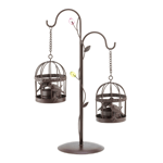 This enchanting candle holder doubles the candlelight and doubles your delight! The metal stand is wrapped with a leafy vine sprouting with faceted buds and has two branches to hold the hanging birdcages. Each cage features decorative details and sweet little birdies, and inside is the perfect perch for the candles of your choice.