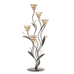 A bouquet of shimmering light to create a soothing and enchanting ambiance in any room! Five golden candle cups await the candles of your choice, ready to bloom with glimmer and glow. They’re set in curving metal stems, complete with long leaves and faceted crystalline buds, set on a circular base.