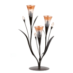 Sparkling light and glorious lilies can be yours anytime with this pretty candleholder. Great as a centerpiece for your table or mantel, three glass lily candle cups are ready for the candles of your choice. Features a round base, metal leaves and stems, and three faceted flower buds. 