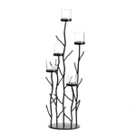 This fantastic candleholder is the perfect blend of contemporary design, natural inspiration, and shimmering candlelight. Five clear glass candlecups sit perched upon iron branches for a dramatic display. Add the candles of your choice inside and youve got a stunning centerpiece. 