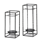 Stylish, contemporary and timeless, this candle stand duo will fit right into any room of your home. Each features a twisted metal framework and glass hurricane cup. Just add pillar candles!