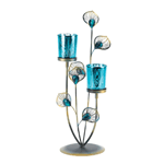 Strut your style with this striking dual candleholder. The golden metal framework holds two peacock blue candle cups surrounded by plumes of gold and faceted jewels. Light the candles of your choice and be dazzled by the beauty of this centerpiece. 