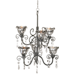 The bewitching glow of twilight can decorate your room night after night with this gorgeous candle chandelier. Two tiers of smoky glass candle cups sit upon a mesmerizing black metal scrollwork frame. 