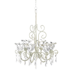 Brilliant glass flowers bloom with beauty and shimmer with candlelight! The metal framework of this deluxe candle chandelier features curling flourishes that drip with faceted jewels. Place the candles of your choice inside the six candle cups and delight in the glow. 