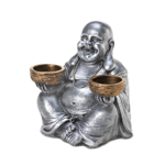 Illuminate your room with cheerful candlelight with this laughing Buddha statue. He will happily sit on your tabletop holding his bronzed candle bowls that are the perfect size for two tealight candles of your choice. His silver finish and smiling face is sure to lend some Zen charm to your decor. Candles not included. 