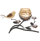 Crafty candleholder blends nature’s beauty and modern art for a truly unique decoration! Warm earth tones lend a sophisticated air to this stylized bird’s nest with bronze candle cup.