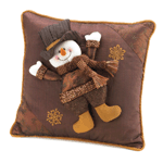 Throw a little holiday cheer onto your couch or chair with this happy snowman decorative pillow. Rich browns and golden sparkle will compliment your décor and his plush, smiling face will warm your heart.