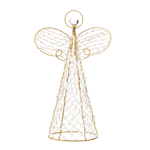 The golden wire frame and the crystalline beads of this stylized angel capture common light and turn it into ethereal sparkle. Place it on your tabletop, shelf, or even top your holiday tree with this lovely accent. 