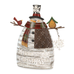 This frosty snowman will warm your heart with his holiday cheer. His jolly smile peeks out from behind a plaid scarf and his twiggy arms hold a winter home for his feathered friend. With is snowflake top hat and loads of charm, place him on your mantel or tabletop to make your Christmas extra merry. 