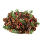 Dress up your holiday table with this merry pine cone wreath candleholder. Sprigs of pine branches, pine cones, and red berries wrap around a clear glass cup thats ready for the candle of your choice. This will make a great centerpiece for your festive feast! 