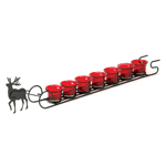 Santas personal chauffeur is ready to go solo! This charming holiday candle display features seven red glass candle cups set in a metal framework thats led by a reindeer cutout! 