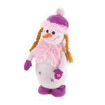 The holidays are here, and its time to dance and sing! This sweet little snowgirl is ready to brighten your home with her song and dance when you push the button on her mitten. Shes decked out in her winter finery, including a pink cap, fuzzy scarf, and braided pigtails.