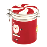 Keep your holiday sweets stashed in this large red and white jar with latching peppermint candy lid. Santa is smiling on the front of the jar, making your festive treats even sweeter! 