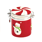 Place your favorite festive treats inside this merry red and white jar with latching candy-striped lid! A happy little snowman decorates the front of this cute jar. 