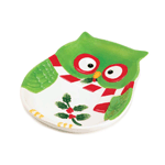 Cookies for Santa or snacks for your holiday guests will be more delicious when you serve them on this charming owl platter! This green owl has a candy cane striped scarf and is holding a sprig of holly in his beak. 