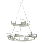 Hang it from the center of your room or set it on your tabletop, either way this unique ivory candle decoration will make your holiday shine! The tree-shaped iron framework features two tiers of glass cups that await the candles of your choice and is topped by a big star.