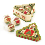 Deck your tree with classic sights and colors of the holidays. This pretty set of frosted ornaments features bells, poinsettias, pine cones and more, and each has a gold trimmed ribbon on top. They come set in a decorative tree-shaped gift box. 