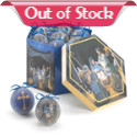 Silent night, holy night, let your tree shimmer with this set of beautiful nativity ornaments. The newborn King and beautiful golden crosses decorated this boxed collection of frosted ornaments that are all topped with a blue ribbon. 