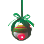 This charming light-up tree ornament features a sweet snowman face with a glowing red bulb for a nose. It hangs from a shiny green ribbon.