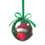 The song says that Rudolph had a very shiny nose, and this ornament proves it to be true! This green ornament features a cheery Rudolph illustration with a light-up red bulb nose and a matching green ribbon. 