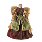 Deck your tree with this gorgeous angel tree topper! Shes draped in rich robes of burgundy brocade, green and gold that will shimmer and shine in the light. She has sparkling golden wings with delicate details, and shes holding a golden horn. 