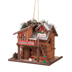 This adorable log cabin birdhouse features holiday accents and trim, including sparkling garland and wreaths, and a frosted roof decorated with pine cones and more. The birds will love making this little store their holiday home. 