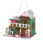 Heres a jolly place that birds will love to call Ho-Ho-Home! This log cabin birdhouse is decorated just like Santas Workshop in the North Pole, complete with bright green and red paint, festive wreaths, wrapped gifts, and even Jolly Ol Saint Nick himself! Hang this in your backyard and watch as the birds cheerily make it their holiday home.